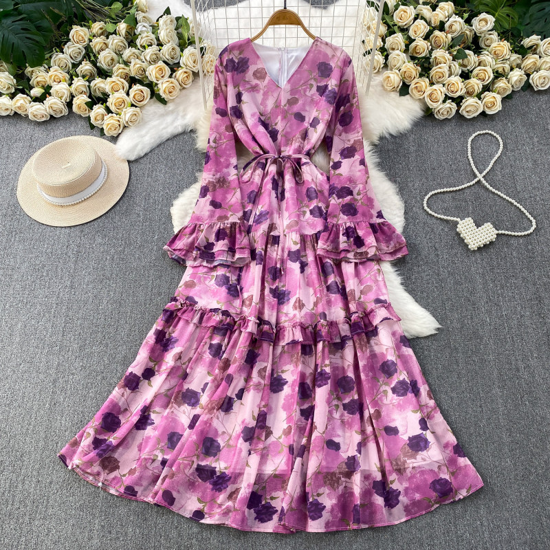 French-Style Gentle and Romantic Purple Floral Print Ruffled Long-Sleeved Dress for Women, Spring and Summer Waist-Cinching Slimming Long Skirt
