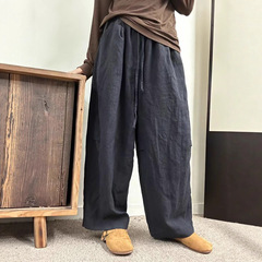新品系带休闲砂洗亚麻休闲裤 宽松版文艺九分裤