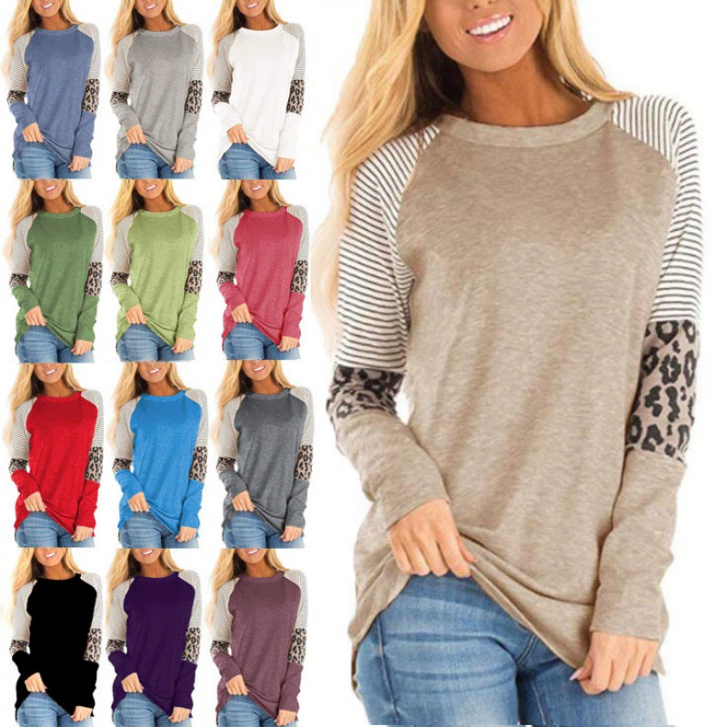 2023 осенне-зимняя новая независимая станция Amazon, трансграничная популярная женская футболка с леопардовым принтом, круглым вырезом, длинными рукавами, контрастного цвета