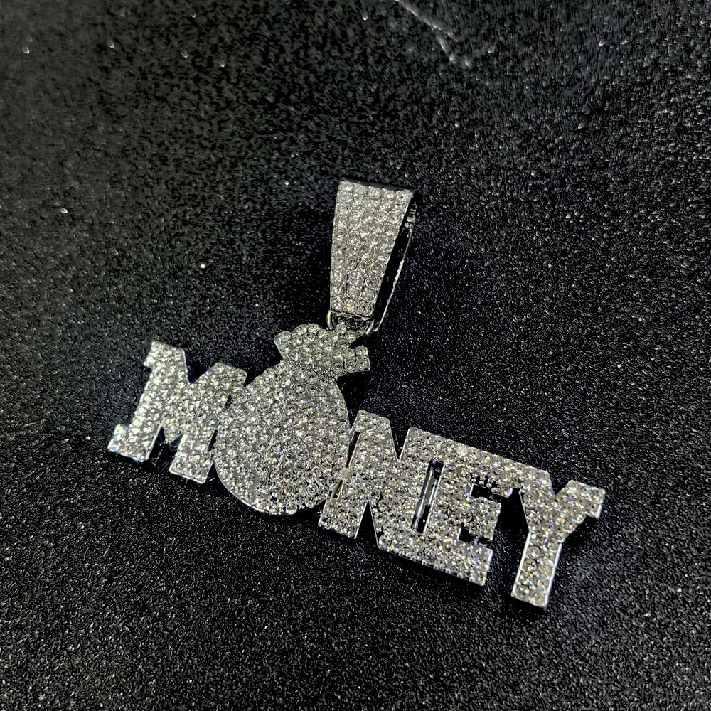 Letras hip hop transfronterizas MONEY colgante de aleación de diamantes de moda europea y americana collar de personalidad de cadena cubana fabricantes al por mayor image 7