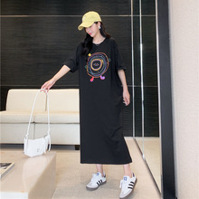 韩版圆领气质宽松显瘦纯色连衣裙夏季收腰简约时尚中长款T恤裙潮