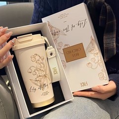 2025年版 ホリデーギフト スズラン柄 高見えする女性向け実用的な水筒 ポータブル ダブルプリント コーヒーカップ ストローカップ
