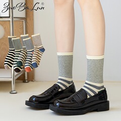 全棉襪子女春秋復古中筒襪撞色細條紋潮堆堆襪個性百搭長筒襪批發