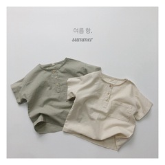 Retro cool and breathable Korean children's summer ramie round neck open chest shirt for boys and girls simple loose T-shirt top