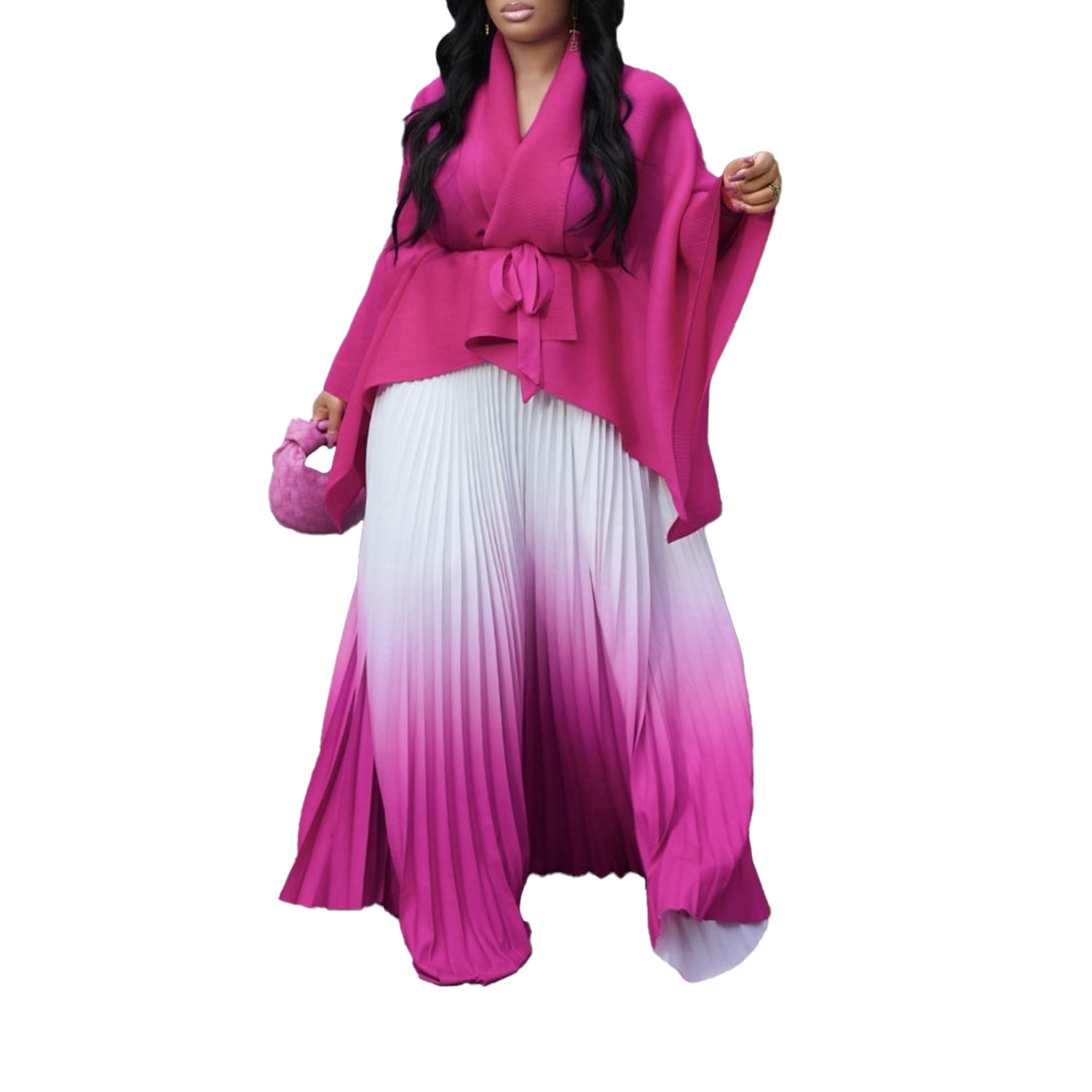 Damenbekleidung plissierter unregelmäßiger Schnürer oben mit Farbverlaufsrock zweiteiliger Anzug_voghion.com