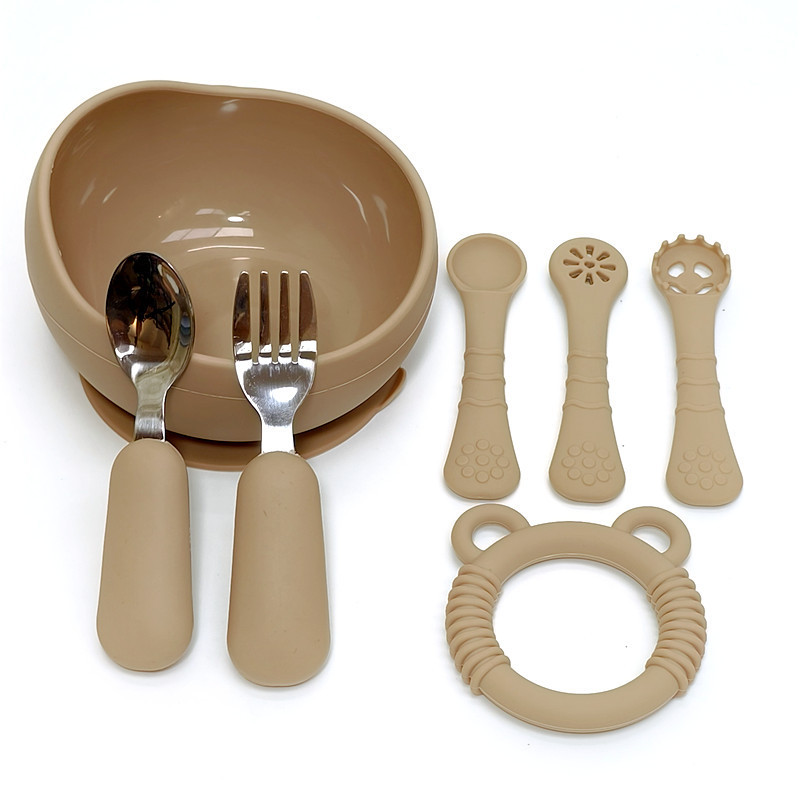라이트 브라운 (어린이 그릇 + 곰 치발기 + 원형 포크 + 트레이닝 포크와 스푼)