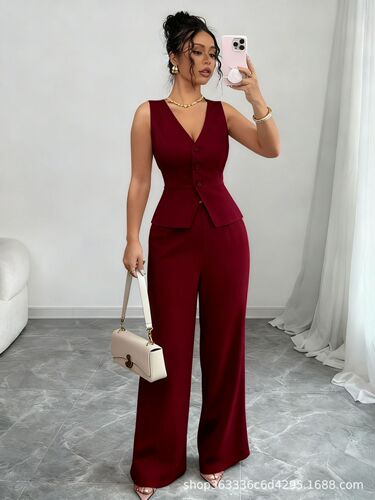 Women's European and American Fashion Elegant Sleeveless Suit Vest and Pants Set Black Daily Summer Two-Piece Set