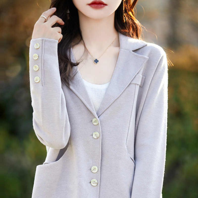 Worsted wool suit collar cardigan coat for women 2024 spring new versatile solid color slimming sweater small suit