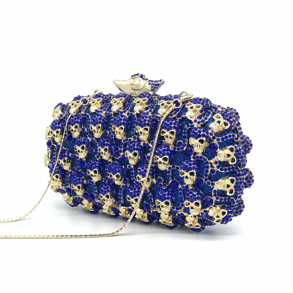 * nuevo paquete de cena de diamante calavera bolso de mano de diamante caja dura hueca bolsa de cena vestido de fiesta azul mujer