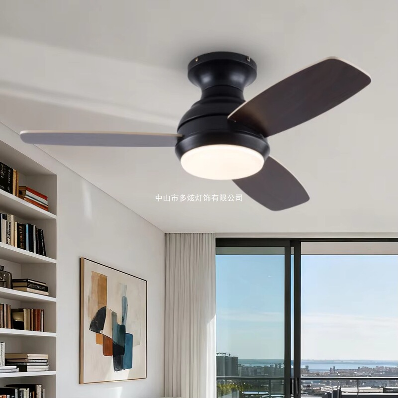 52inch Black Led Flush Mount Ceiling Fan with 3 Plywood Blades Smart Dc Modern Indoor Room