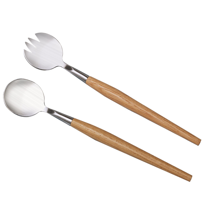 Acero inoxidable mango de madera ensalada tenedor cuchara traje presión fundido Acero caucho mango de madera ensalada tenedor cuchara combinación traje ensalada cuchara