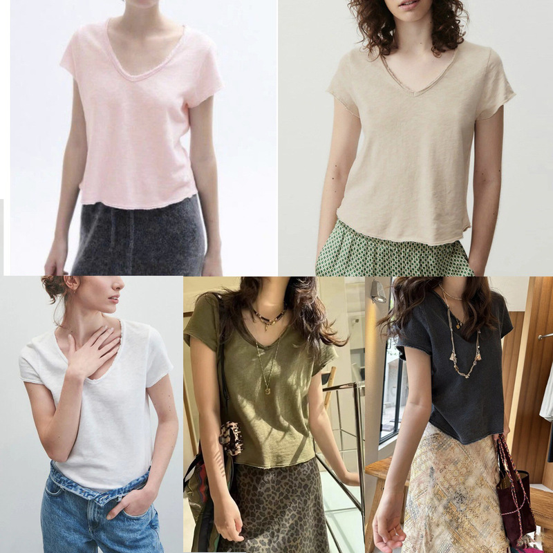 House Spring/Summer Celebrity Style V-Neck Bamboo Cotton Loose Slimming Classic Versatile T-Shirt Top for Women