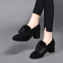 2023新款毛毛鞋女冬季加绒时尚外穿羊皮中跟磨砂皮单鞋真皮高跟鞋