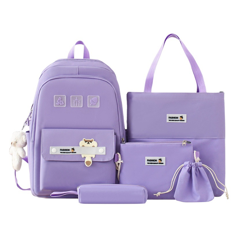Cross-border in stock wholesale simple all-match solid color student schoolbag women's large capacity casual backpack five-piece backpack