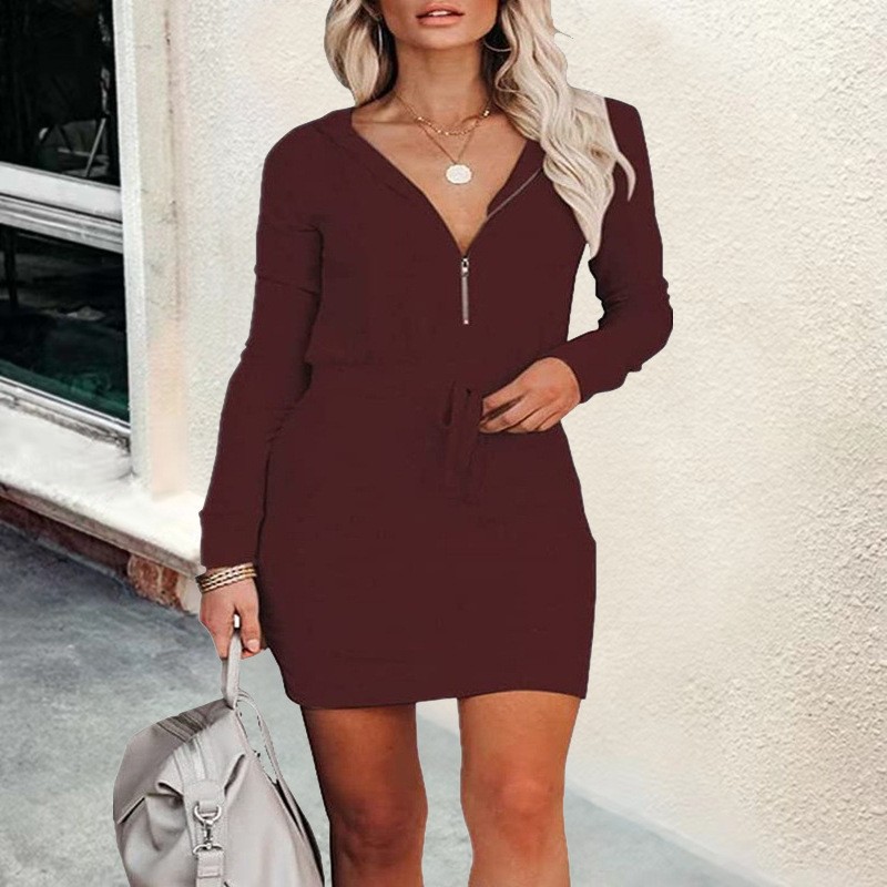 Women's Trendy Solid Color Dress Zip Front Long Sleeve Hoodie Style Waist‑Cinched Casual Daily Wear_ecoleips.com