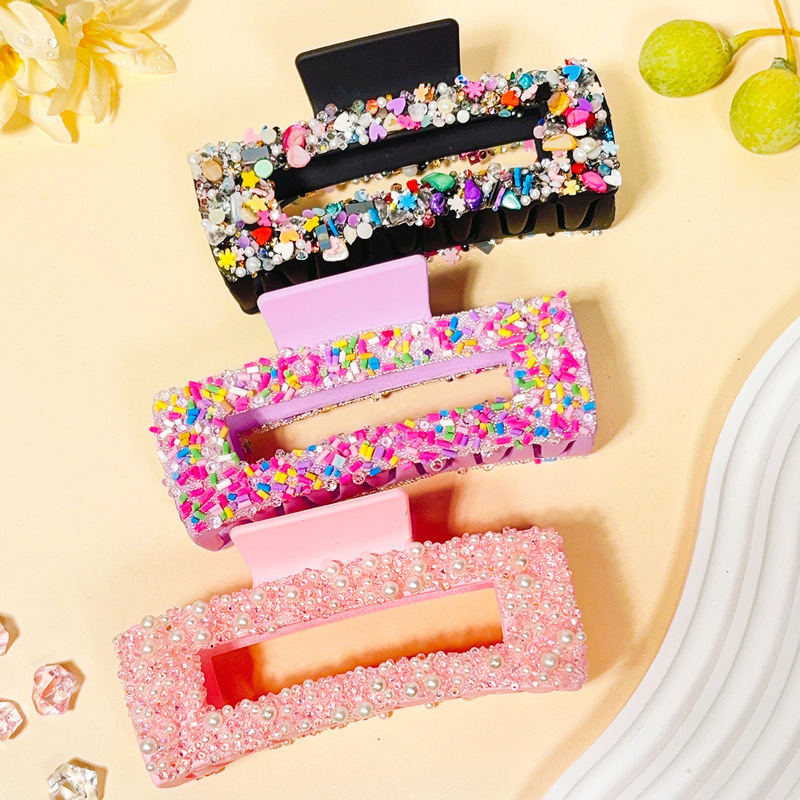 Cross-Border Douyin Ins Rhinestone Colorfuled Diamond Rectangular Grabber Bohemian Pink Colorful Break Off Clip Hairpin Pearl