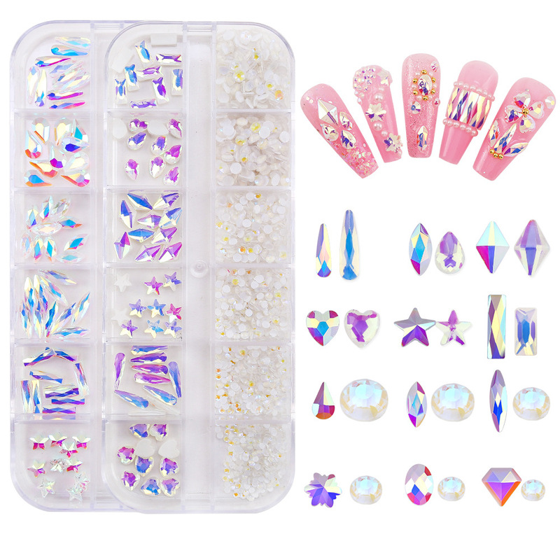 Nail Art Jewelry 12 Boxed Nail Art Flat Bottom Diamond Rhinestone Shaped Diamond Glass Nail Art Drill Set Round Diamond Nail Art Drill