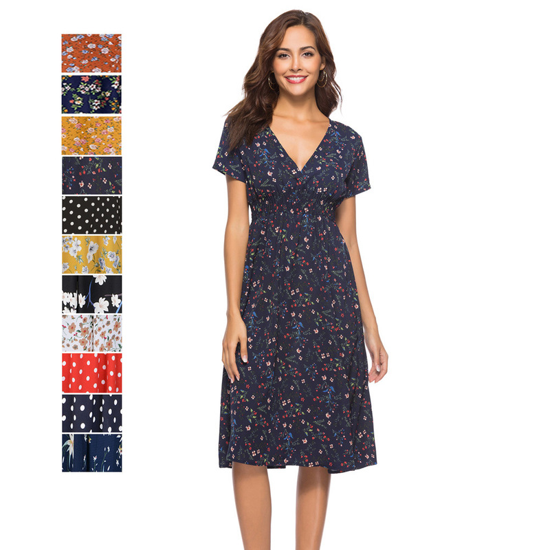 Cross-border Amazon Spring and Summer New European and American Chiffon Beach Dress Printed V-neck Short-sleeved dress Bohemian Dress Cross-border Amazon Spring and Summer New European and American Chiffon Beach Dress Printed V-neck Short-sleeved dress Bohemian Dress