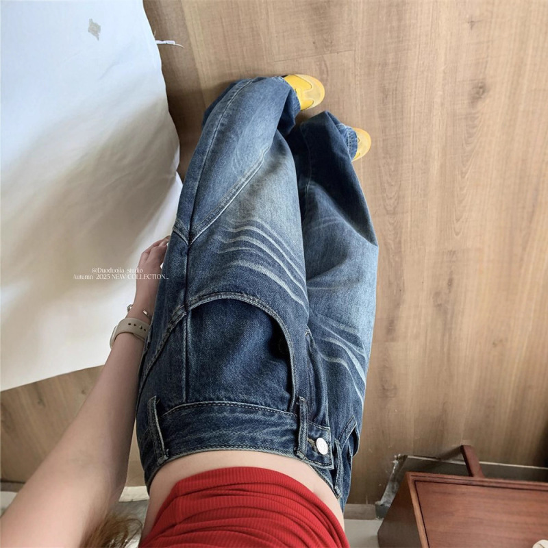 美式复古做旧水洗蓝色大码牛仔裤女秋季高腰显瘦宽松弯刀裤阔腿裤|undefined