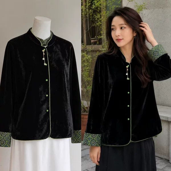 New Chinese-style, golden velvet jacquard, reversible outerwear for autumn, featuring a retro stand-up collar, decorative buttons, and a loose, printed design