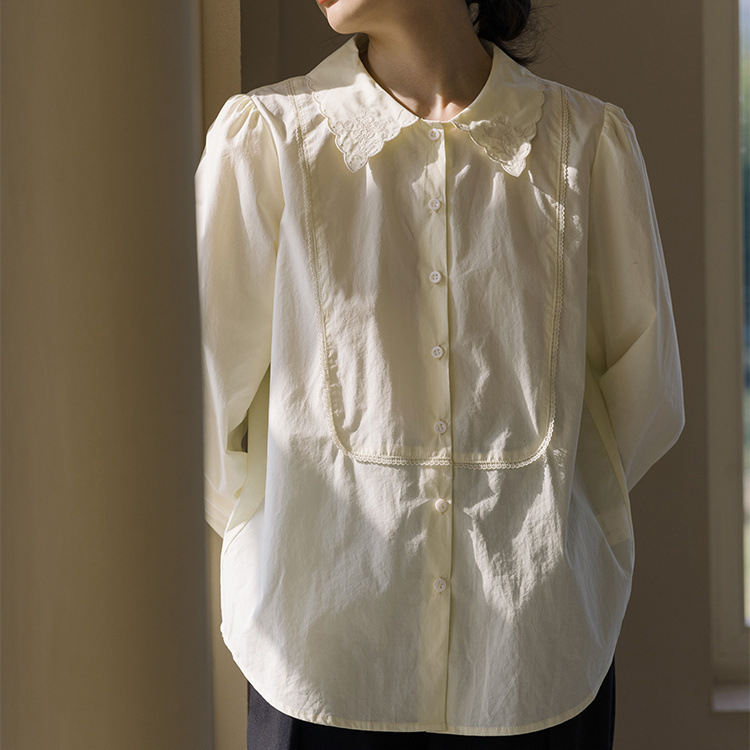 French Retro Apricot Shirt Long-Sleeved Women's Loose 2025 New Pure Cotton Top Preppy Style Doll Collar Slimming Look Korean Version