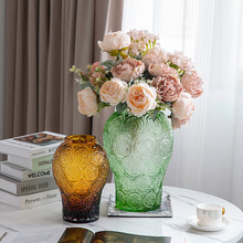 视远欧式轻奢高级感琥珀浮雕银莲瓶加厚玻璃花瓶客厅插花艺术摆件