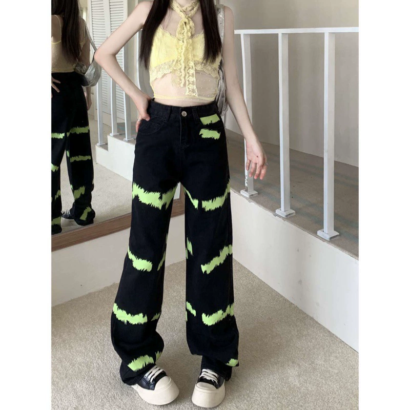 2024-май Нейтральный мужской и женский ретро-краситель с галстуком рыхлые джинсы швабры женские приливы брюки с высокой талией