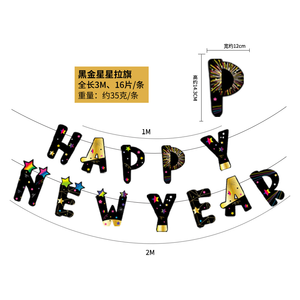 Bandera de oro negro Año Nuevo Bandera de extracción Feliz Año Nuevo Bandera de cola de pez Bandera de triángulo Año Nuevo decoración de año nuevo traje de bandera de extracción