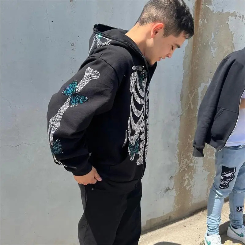 Gilet à capuche imprimé strass, fermeture éclair, coupe ample, unisexe, style Y2K_voghion.com