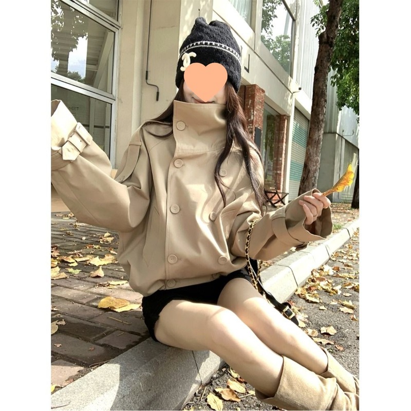 韩系新款英伦风气质立领风衣外套女秋季双排扣卡其色宽松百搭上衣|undefined