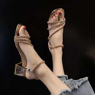 Rhinestone Sandals for Women with Thick Heels 2025 New Summer Versatile Square Toe Fairy Style High Ladies Sandals with Skirts