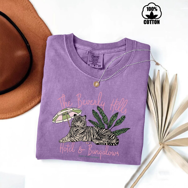 Floral Tiger and Beverly Hills Pattern Round Neck Loose Short-Sleeve Women's T-Shirt, Pure Cotton, Washed and Vintage-Style, Early Autumn Layering Floral Tiger and Beverly Hills Pattern Round Neck Loose Short-Sleeve Women's T-Shirt, Pure Cotton, Washed and Vintage-Style, Early Autumn Layering
