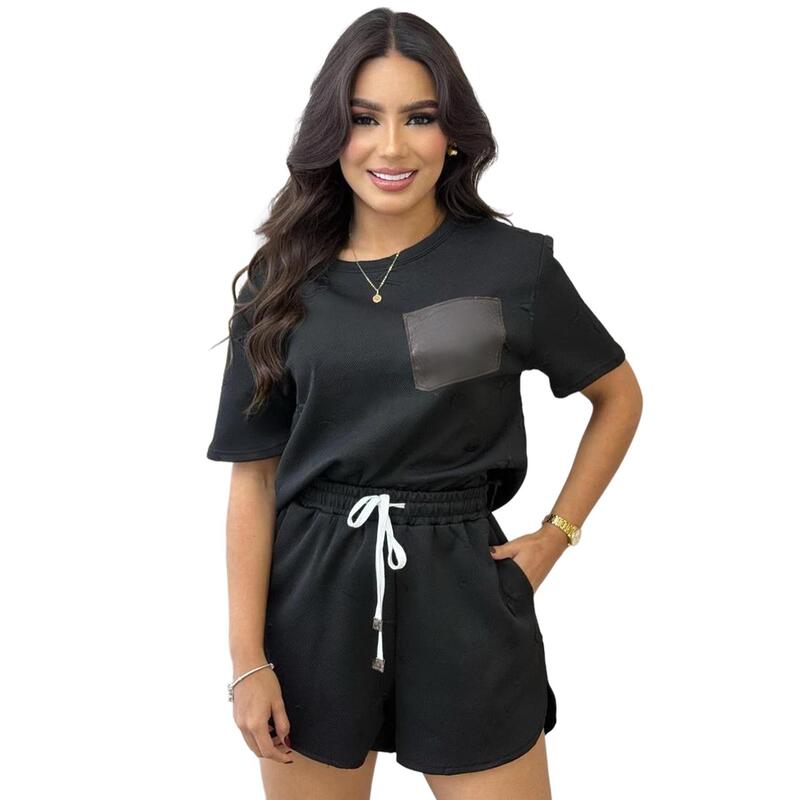 J5204 European and American Women's Clothing New Fashion Casual Leather Pocket Jacquard Short-Sleeve Shorts Sports Set J5204 European and American Women's Clothing New Fashion Casual Leather Pocket Jacquard Short-Sleeve Shorts Sports Set