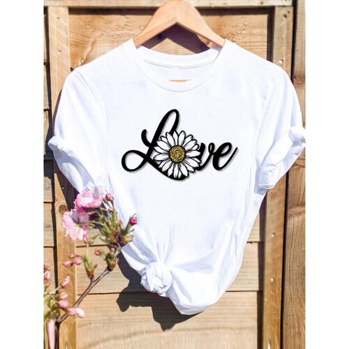 Cross-border large size sunflower floral basic women's trendy cute round neck white short-sleeved top for summer women