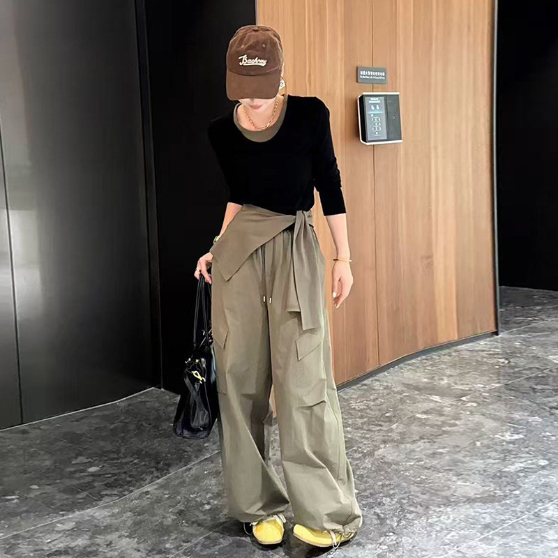 欧货休闲时尚套装女春秋设计感修身披肩长袖上衣阔腿工装裤三件套|undefined