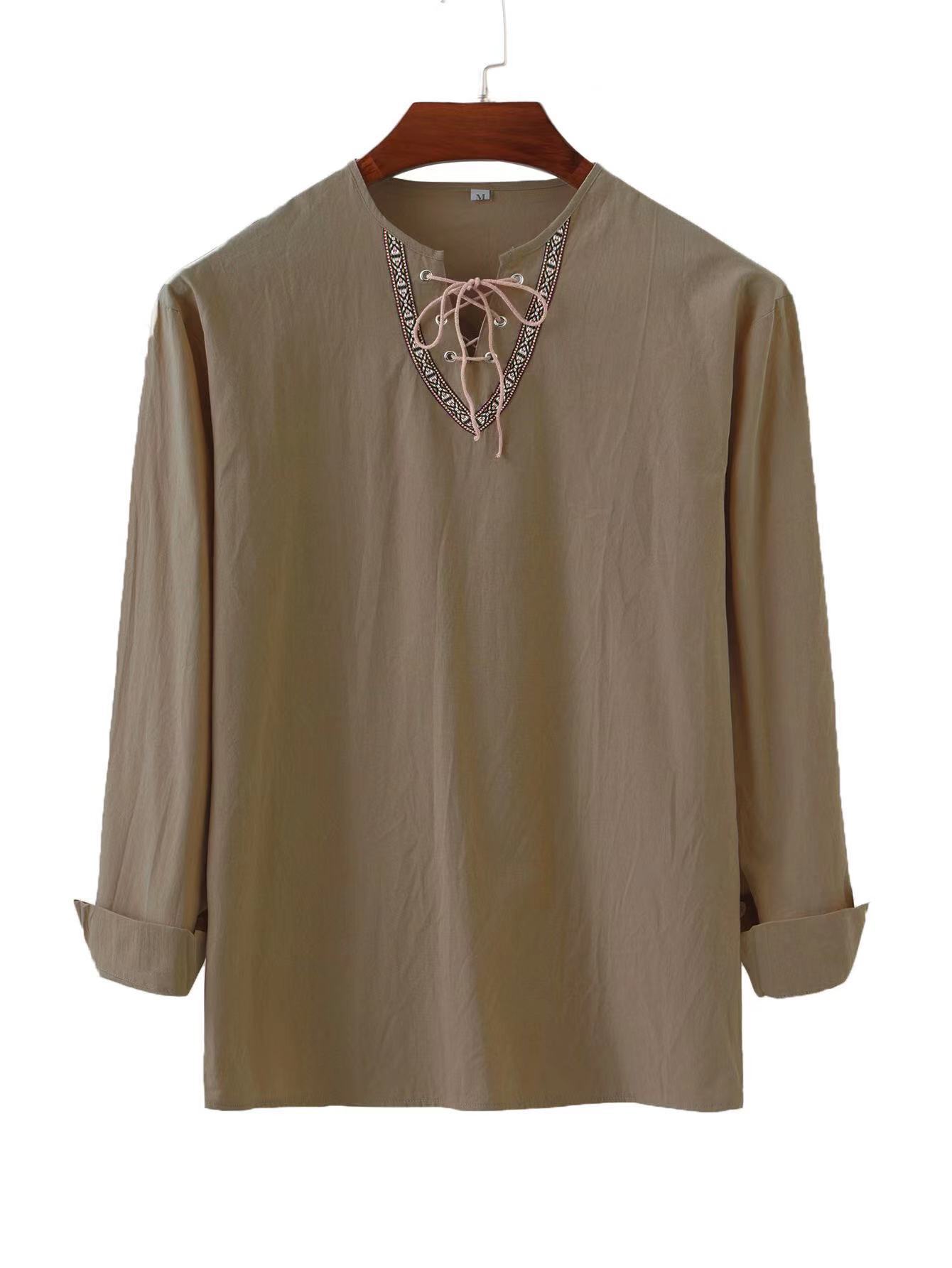 2023 primavera y otoño transfronterizo nuevos hombres europeos y americanos sueltos color sólido cordón camisa de manga larga algodón y lino soporte collar camisa de los hombres