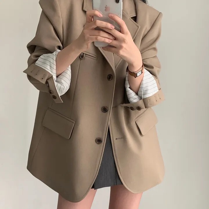 Spring and Autumn New Fashion Simple Casual Elegant Contrast Color Versatile Loose Single-Breasted Long Sleeve Blazer Jacket for Women