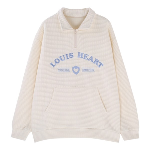 Polo de otoño 2026 con diseño de gofre y cuello vuelto, sudadera oversize bordada para mujer, top para parejas.
