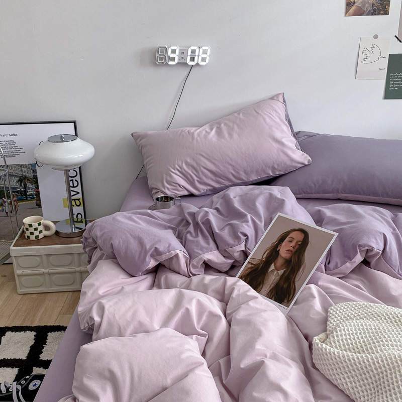 Nordic-style Skin-friendly Cotton Simple Four-piece Set, Solid Color Two-tone Bed Duvet Cover, Fitted Sheet, Suitable_voghion.com
