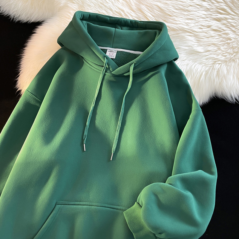 Dark Green Solid Color Hooded Fleece Sweatshirt Men's Autumn and Winter Basic oversize New Style Coat All-match Casual