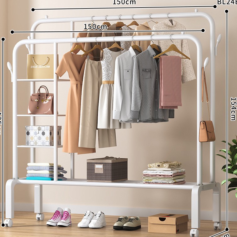 측면 수납망 단층 이중극 + 옷걸이 150 흰색 + 바퀴