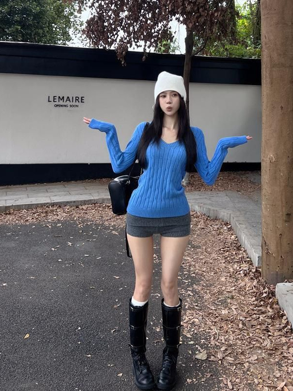 美式辣妹蓝色麻花V领毛衣女秋冬2025新款内搭针织打底衫修身上衣|undefined