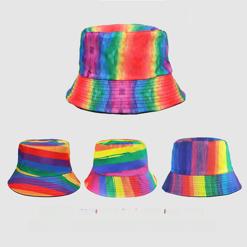 Japanese and Korean new rainbow fisherman hat splicing flat cap versatile men and women travel sun hat bucket hat two-sided wear hat