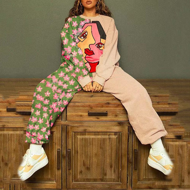 Conjunto de Sudadera Informal con Cuello Redondo y Estampado Holgado para Mujer, Estilo Europeo y Americano, Novedad de Comercio Exterior Transfronterizo para Otoño 2025