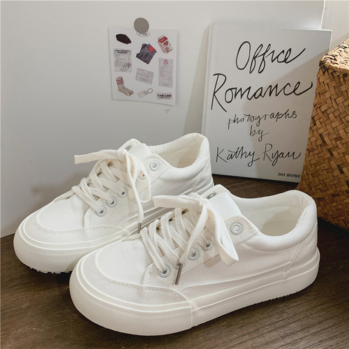 Pure Color Breathable Student Canvas Shoes Women  Spring Summer Flat Hong Kong Style Original Minimalist White Shoes Korean Version Casual Platform Shoes