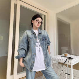 实拍~新款韩版宽松复古街头潮牌做旧水洗牛仔外套女宽松牛仔衣
