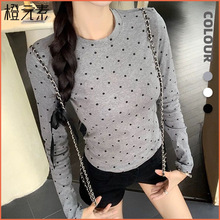 橙元素2025韩版圆领波点长袖T恤秋冬女装高级感百搭修身显瘦上衣