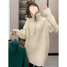 高领拉链加厚毛衣女秋冬新款坑条卫衣中长款慵懒风宽松纯色针织上