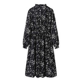 复古碎花裙女2025秋季新款木耳边V字领气质显瘦连衣裙L0070928002