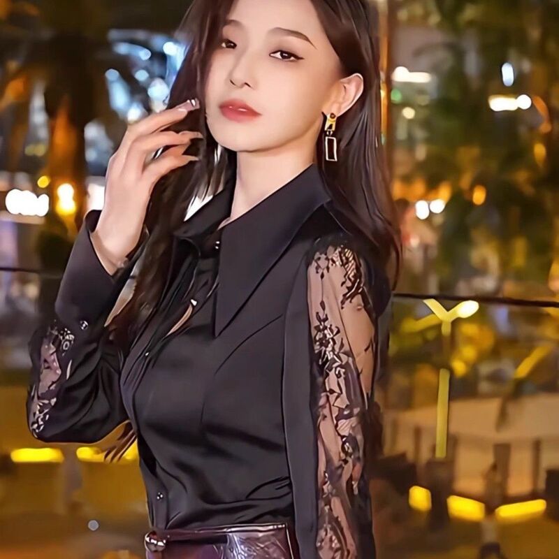 Autumn New French Fashion Lace Splicing Slim Fit Versatile Pure Satin Shirt Winter Base Shirt for Women